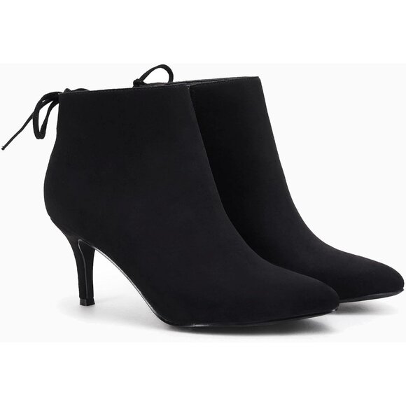 Women's Pointed Toe Heel Ankle Booties Kitten Stiletto Bowtie Strappy Boot Black - Picture 8 of 8